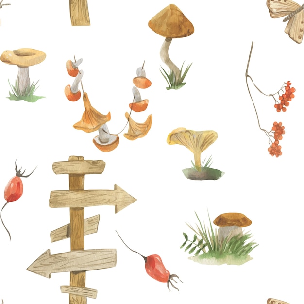 Seamless pattern of watercolor illustrations of mountain ash, mushrooms, sign post