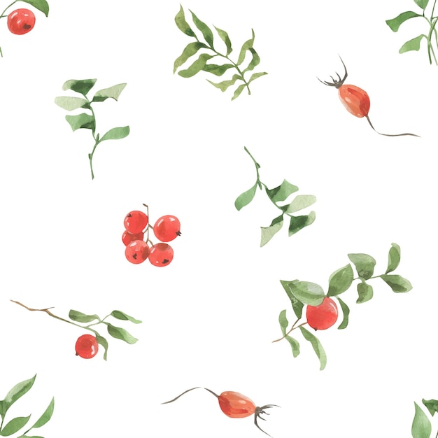 Seamless pattern of watercolor illustrations of rose hips, cranberries and greenery branches