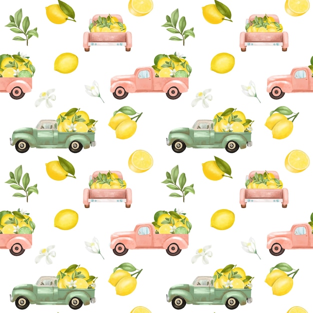 Seamless pattern of watercolor old trucks with lemons