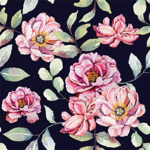 Seamless pattern of watercolor pink flowers