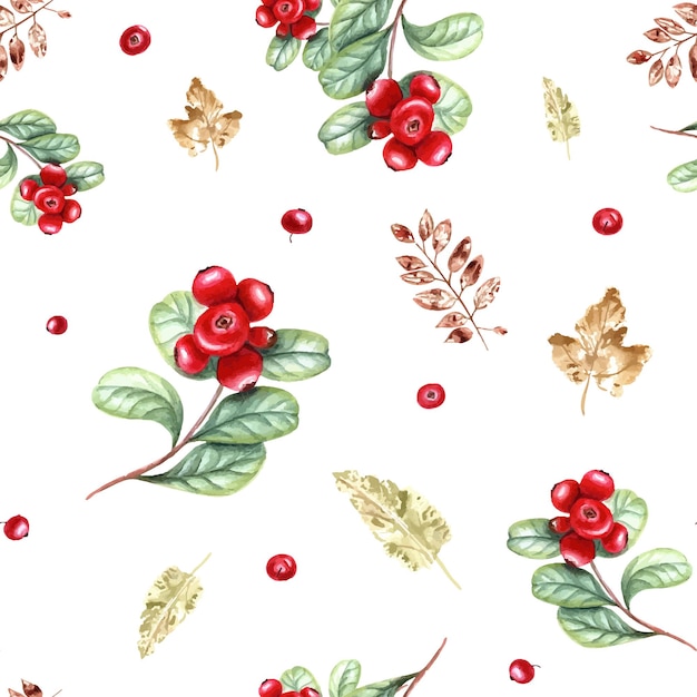 Seamless pattern of watercolor red cranberries and imprints of autumn colorful leaves isolated on white background Illustration for room decor print textile design Cozy home