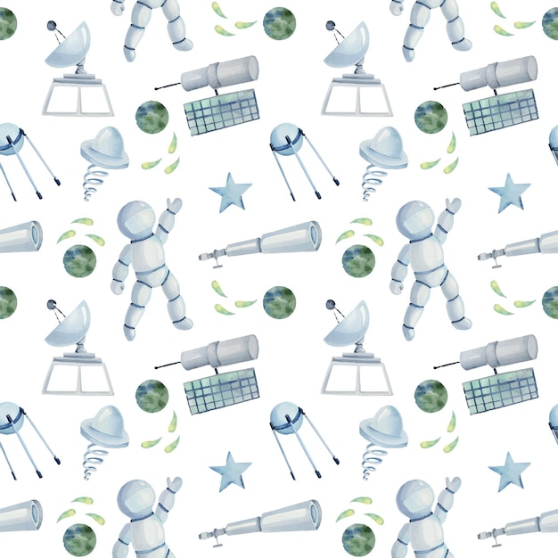 Seamless pattern of watercolor space elements (astronaut, ufo, stars, telescope, satellite)