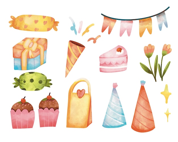 Vector seamless pattern watercolor style with cupcakes oranges cherries and ribbons