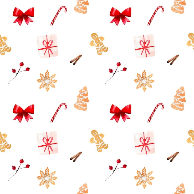 Seamless pattern watercolor wiht Christmas cookies cinnamon berries gifts