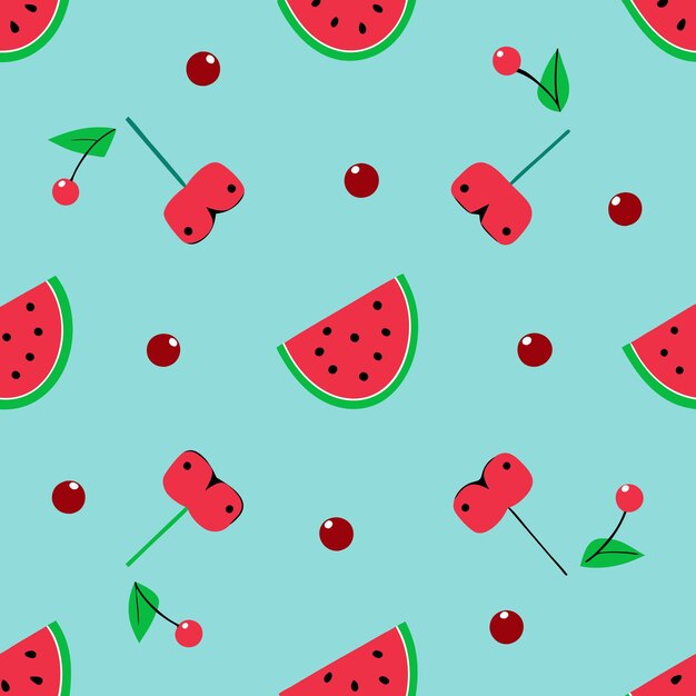 Seamless pattern of watermelon slices cherries and red dots on a turquoise background