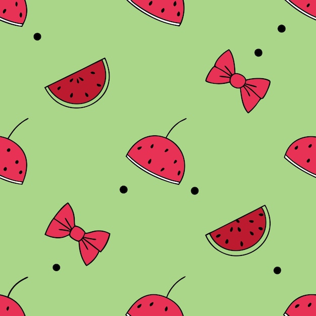 Seamless pattern of watermelon slices and red bows on a green background