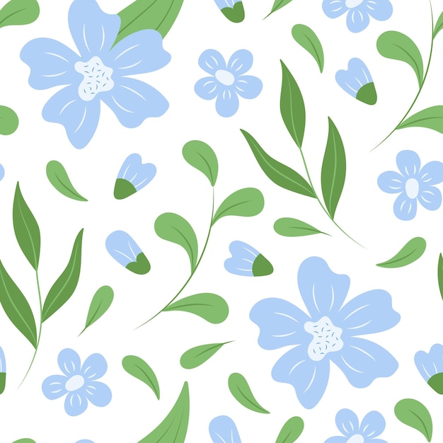 seamless pattern on white background blue flowers with leaves.  vector