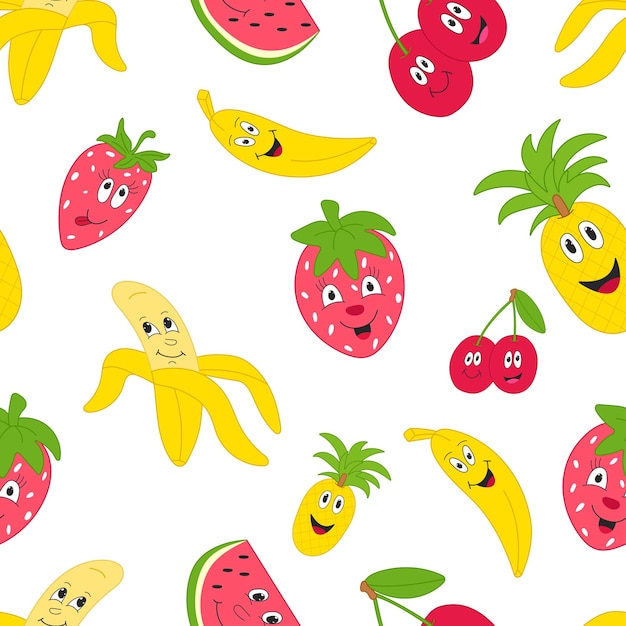 seamless pattern on white background cartoon fruits