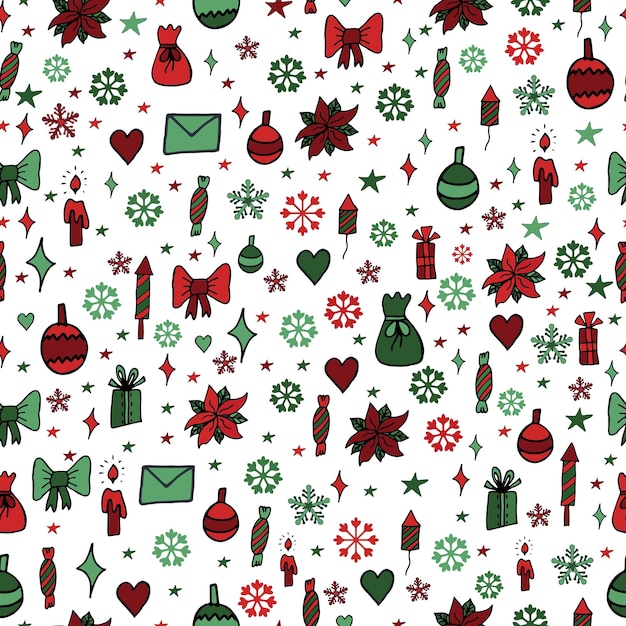 Seamless pattern on white background with icons and festive elements For wrapping clothes fashi