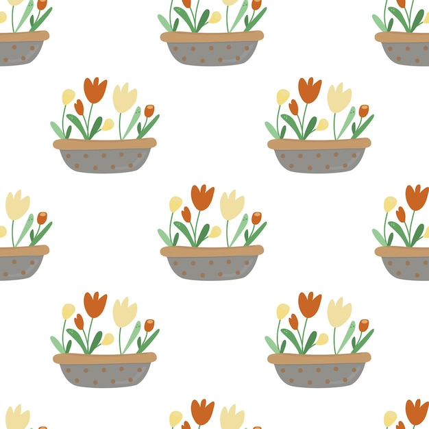 Seamless pattern on a white background with polka dot tulip pot spring flowers green leaves Drawing in simple doodle graphic style vector illustration