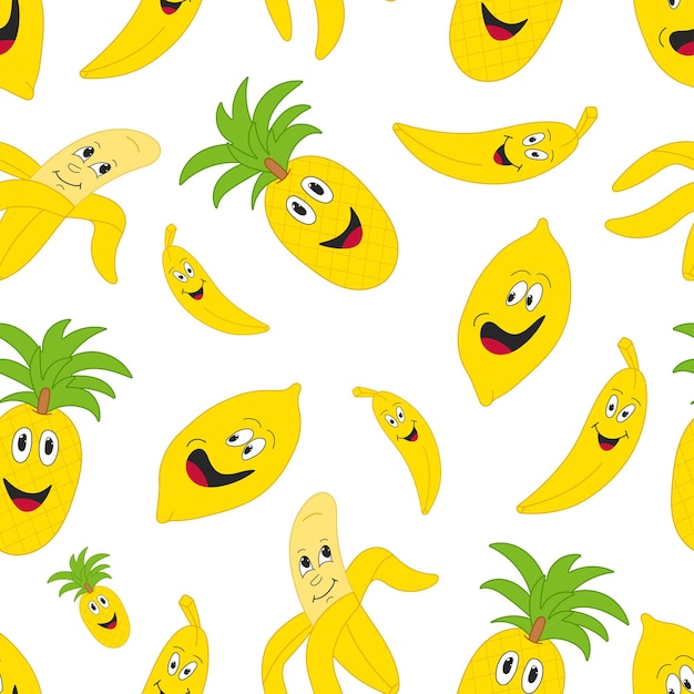 seamless pattern on white background yellow pineapple and banana