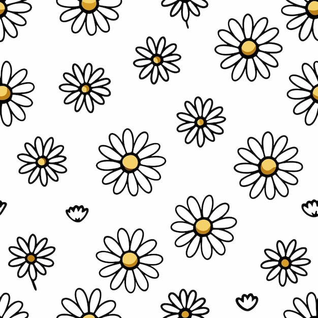 Seamless pattern of white daisies with a yellow center on a white background