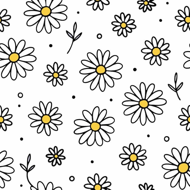 Seamless pattern of white daisies with yellow centers on a white background