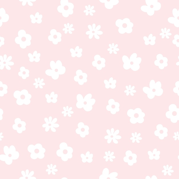 Seamless pattern of white hand drawn daisies in doodle style on a pink background