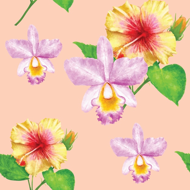 Seamless pattern white hibiscus flowers on pink pastel background, watercolor hand drawn.