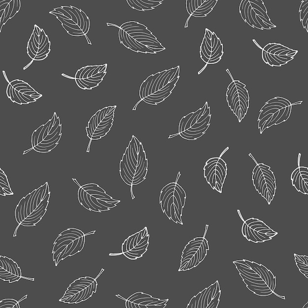 Seamless pattern of white leaves on gray background Black white sketch