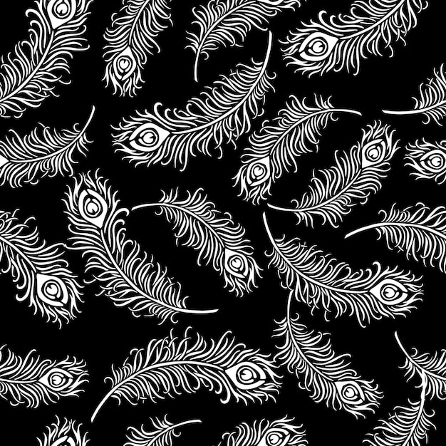 Seamless pattern, white peacock feathers on a black background