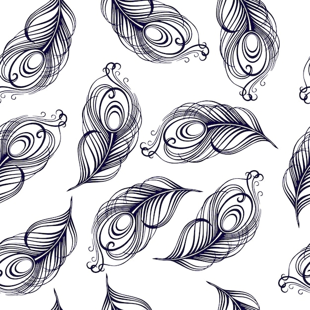 Seamless pattern, white peacock feathers on a gray background
