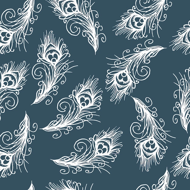 Seamless pattern, white peacock feathers on a gray background