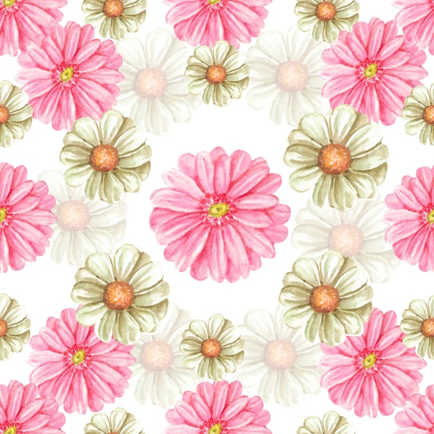 Seamless pattern of white and pink daisy flowers hand painting watercolor