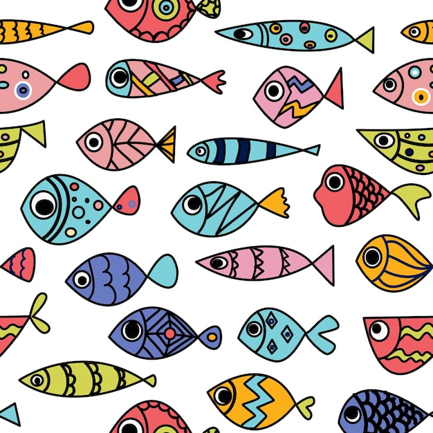 Seamless pattern whith cute hand draw fish Line art doodle illustration whith bright exotic fishes