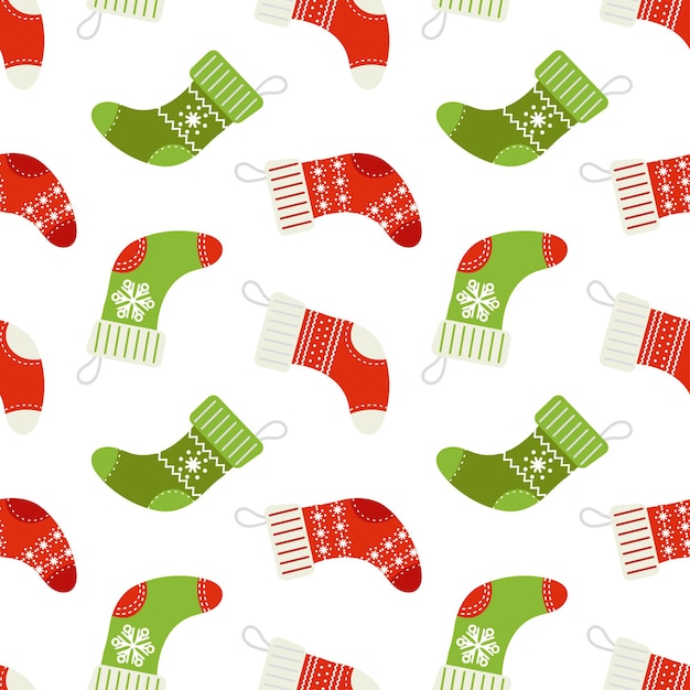 Seamless pattern, winter christmas socks with snowflake ornament. Background, print, vector