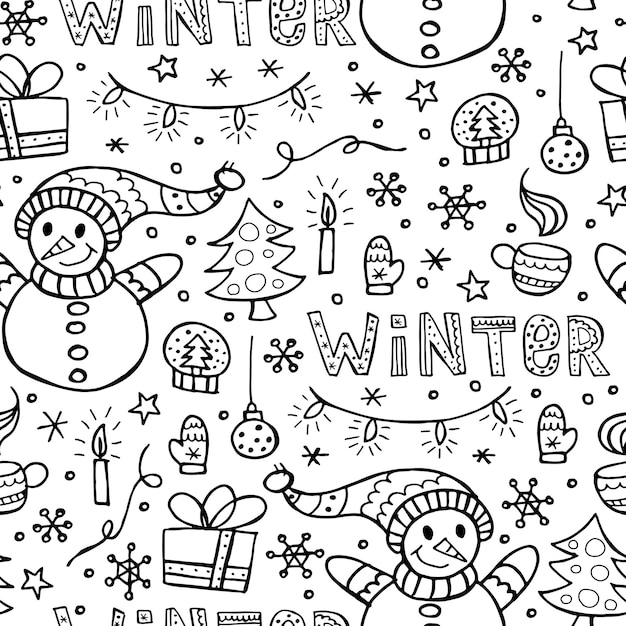 Seamless pattern of winter elements in the doodle style. Hand-drawn endless illustration. Happy New Year 2022. Merry Christmas.