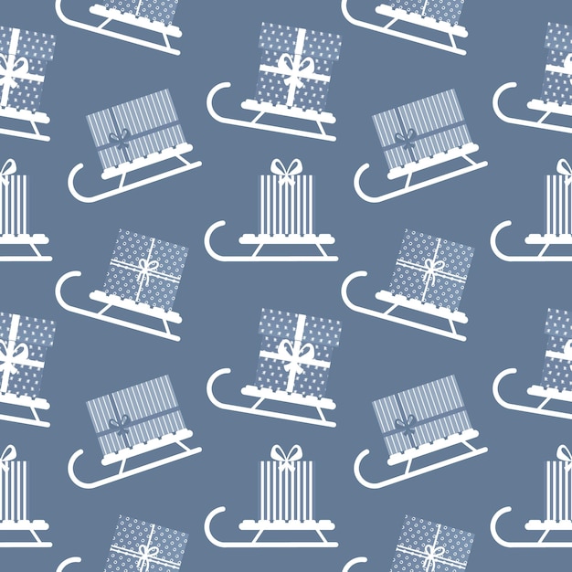 Seamless pattern, winter sleigh with gift boxes. Blue and white design. Background, textile, vector