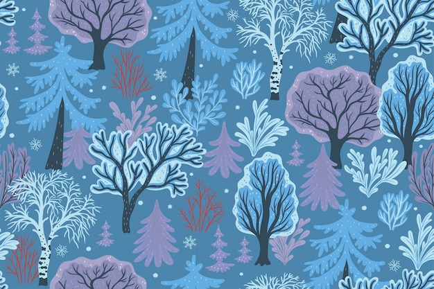 Seamless pattern of winter snowy forest with various trees and bushes Vector graphics