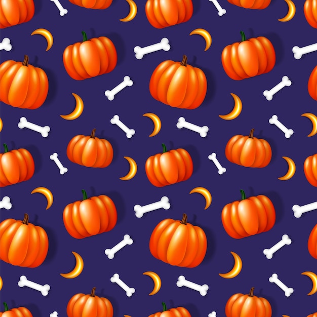 Seamless pattern with 3d pumpkins golden crescent and bones on purple background Halloween wallpaper