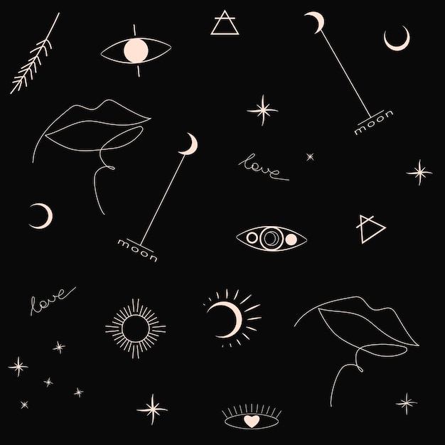 Seamless pattern with abstract astronomical objects in line art style in black and white