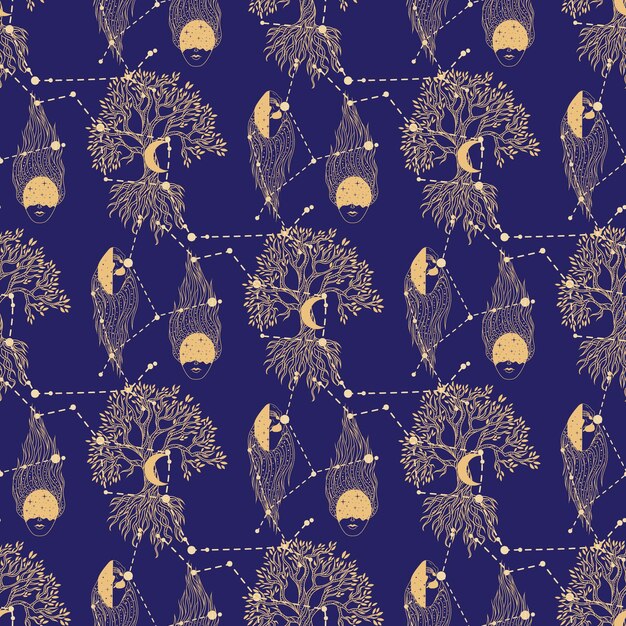 Seamless pattern with abstract face of a girl. Pattern with face, stars, moon, constellation, herbs.