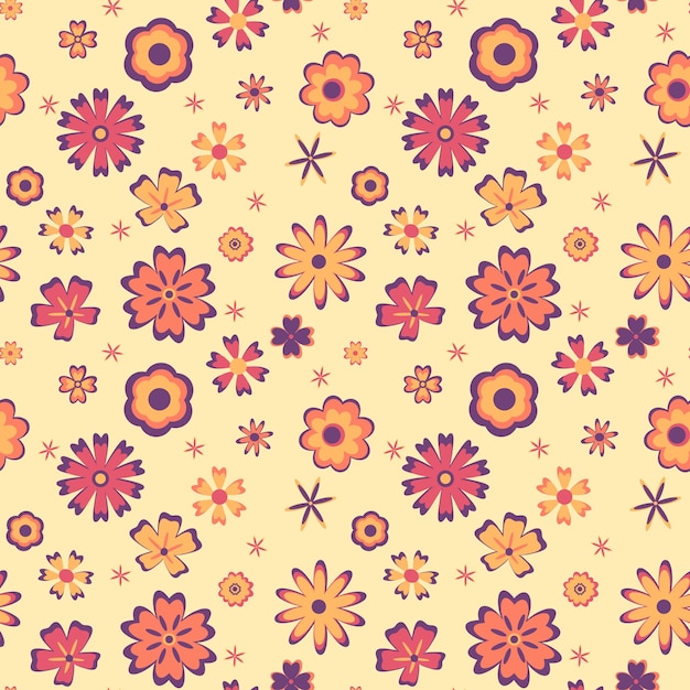 Seamless pattern with abstract flowers hearts in a warm orange purple palette