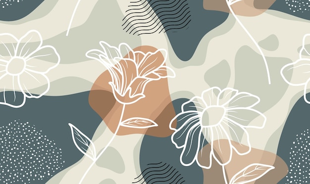 Vector seamless pattern with abstract flowers and leave