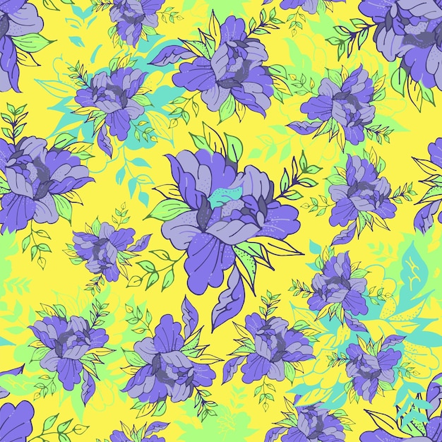 Seamless pattern with abstract irises on a yellow background Bright and colorful floral print