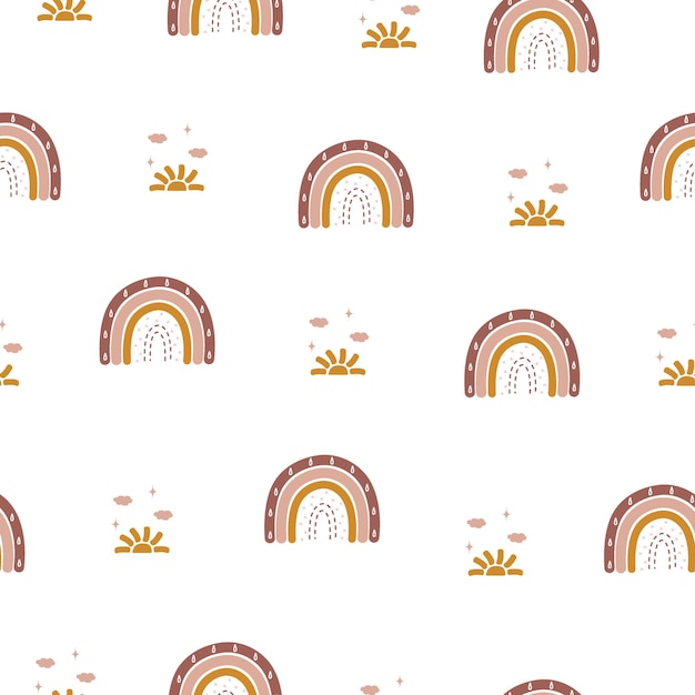 Seamless pattern with abstract rainbow and sun.