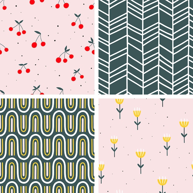 Seamless pattern with abstract shapes Vector with cherries flowers geometric pattern