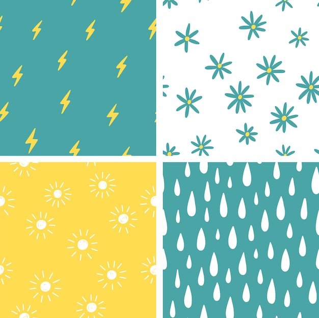 Seamless pattern with abstract shapes Vector with sun flowers lightning raindrops