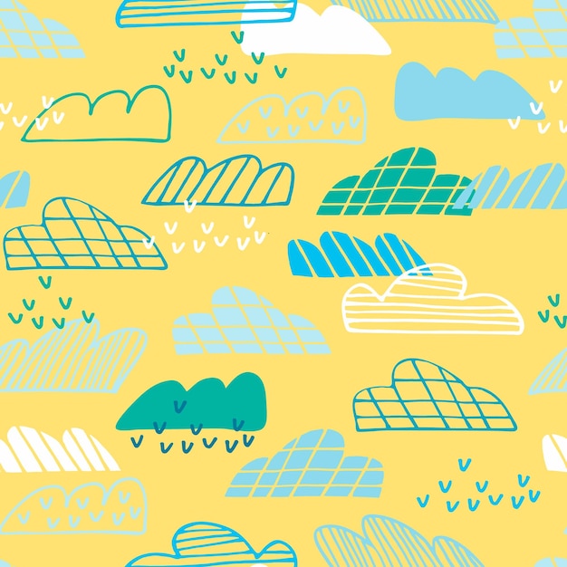 Seamless pattern with abstract yellow sky geometric clouds rain in cartoon style Wallpaper backgound for kids Perfect for baby toddler clothing bed linen