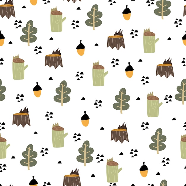 Seamless pattern with acorn, leaves, stump