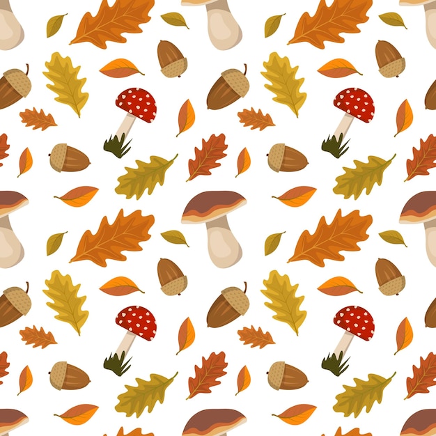 Seamless pattern with acorns fly agaric mushroom with red cap and oak leaves Bright autumn print with nature and forest plants on white background Vector flat illustration