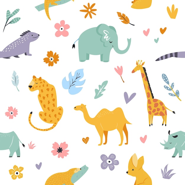 Seamless pattern with african animals and floral prints. Giraffe, camel, leopard, fennec fox, pangolin, elephant, rhino