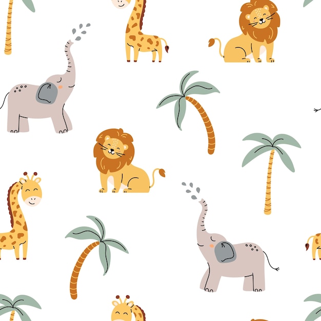 Seamless Pattern with african animals on white background Safari childish with lion elephant giraffe