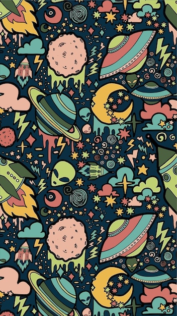 A seamless pattern with aliens and planets.