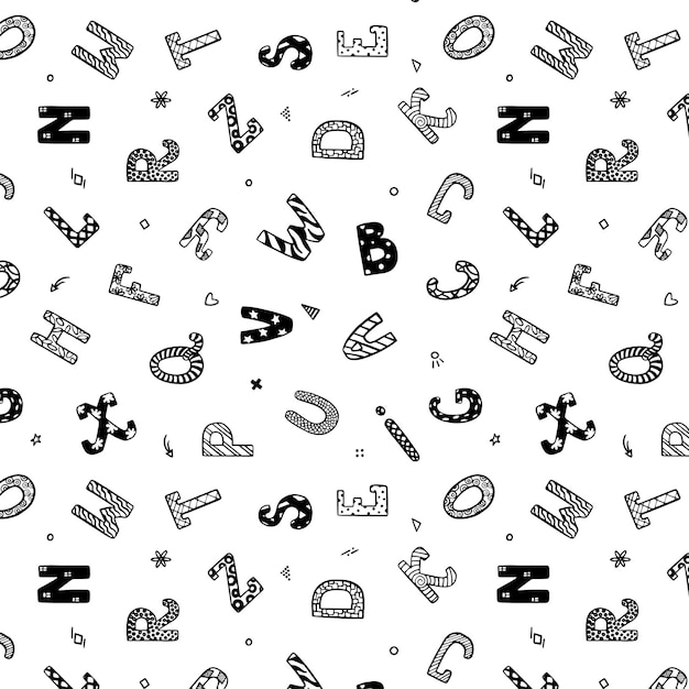 Seamless pattern with alphabet Black and white handwritten font in doodle style