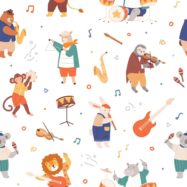 Seamless pattern with animal musicians. Cute kids characters playing music on guitar, violin, fife, drums and sax. Endless repeatable background. Colored flat vector illustration on white.