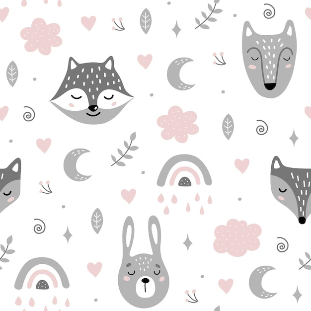 Seamless pattern with animals, cloud and rainbow in the sky.