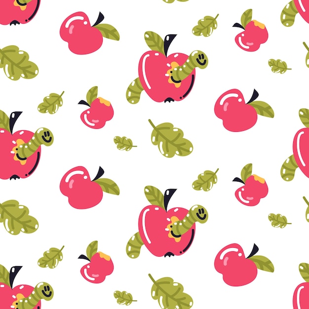 Seamless pattern with apples and worms in an apple autumn leaves on a white background Natural fruit