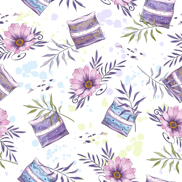 Seamless   pattern with aroma pillows, beautiful   flower and watercolor spots.