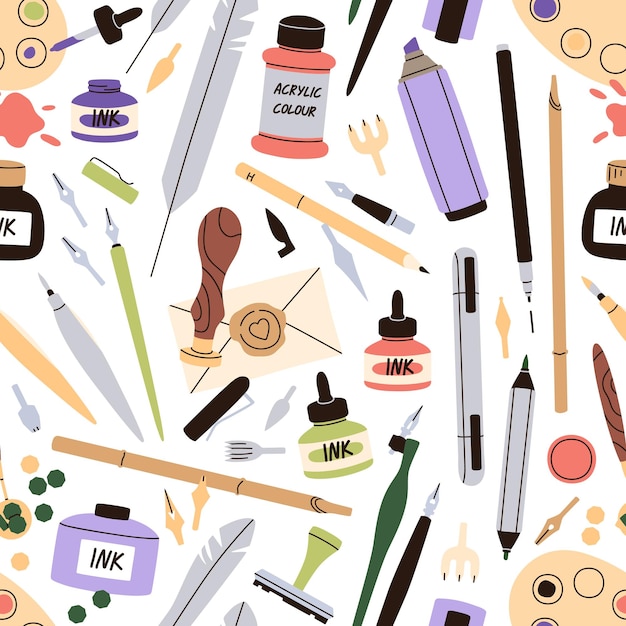 Seamless pattern with art supplies. Background with calligraphy tools, accessories, stuff. Repeating print of pens, quills, pencils, ink, seals for handwriting. Flat vector illustration for wrapping